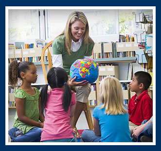 Teacher showing students a globe